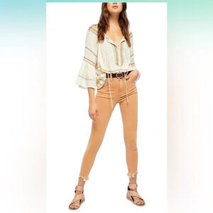 Free People Womens Wild Child Frayed Skinny Jeans Camel Size 24